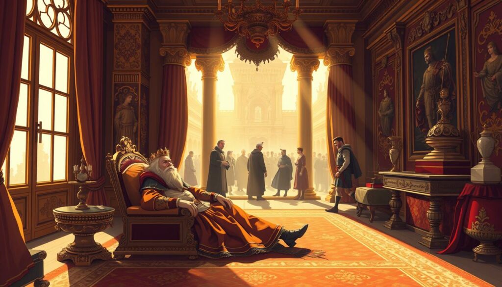 A richly detailed portrait of the private life of Charlemagne, the revered Holy Roman Emperor. In the foreground, the emperor lounges in a grand, ornate chamber, surrounded by the trappings of his lavish lifestyle - plush fabrics, gilded furniture, and the opulent decorations befitting his stature. Shafts of warm, golden light filter through the tall windows, casting a contemplative glow over the scene. In the middle ground, servants and courtiers move discreetly, attending to the emperor's needs. The background reveals a glimpse of the bustling activity beyond the private chambers, hinting at the weight of Charlemagne's responsibilities as ruler. The overall impression is one of power, privilege, and the intricate interplay between Charlemagne's public and private personas.