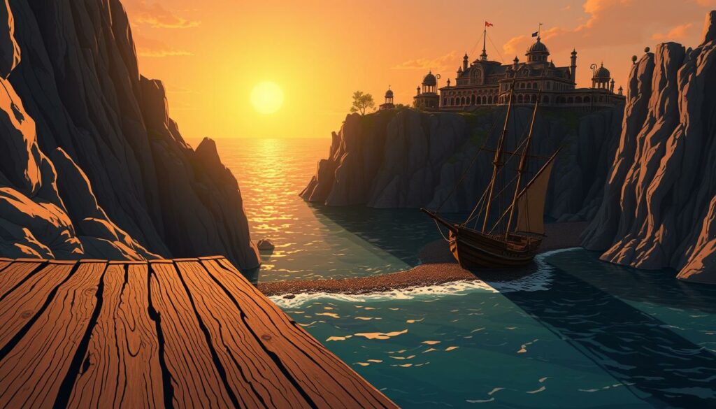 A rugged coastline overlooking a secluded cove, the waters of Schiffbruch-Bay glistening under a warm, golden sunset. Jagged cliffs rise up on either side, casting dramatic shadows across the scene. In the foreground, a weathered, wooden dock juts out into the bay, its planks worn smooth by the lapping waves. Atop the cliffs, the grand, ornate mansions of the Piratenfürsten, their opulent architecture a testament to the wealth and power of these legendary sea captains. A lone, battered ship lies beached on the rocky shore, its tattered sails and broken masts hinting at the perilous journey that brought it here. The air is thick with the scent of salt and the faint sounds of revelry drifting down from the clifftops, as the Piratenfürsten celebrate their latest plunder. This is the domain of Jack Sparrow, a place where the line between legend and reality blurs.
