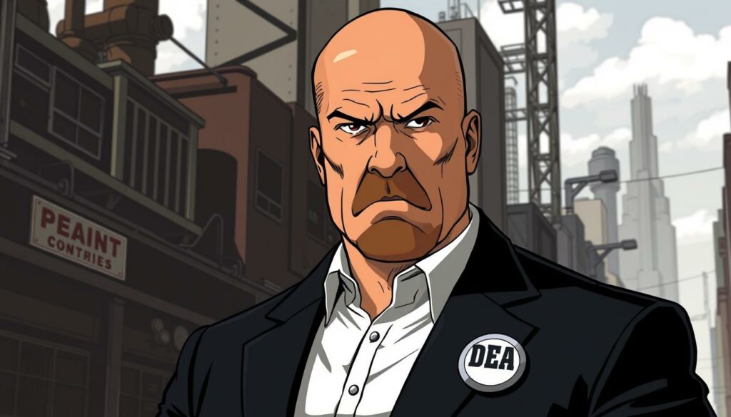 A rugged, determined DEA agent Hank Schrader stands resolute, his stern expression conveying the weight of his duty. Clad in a crisp dark suit, badge gleaming, he exudes an air of authority. The stark lighting casts dramatic shadows, accentuating the defined features of his face. In the background, a bustling urban landscape provides a gritty, industrial setting, hinting at the high-stakes world Hank navigates daily in pursuit of justice. His unwavering gaze, set against this backdrop, captures the essence of a man dedicated to upholding the law, even in the face of the complex challenges presented by his former brother-in-law, Walter White.