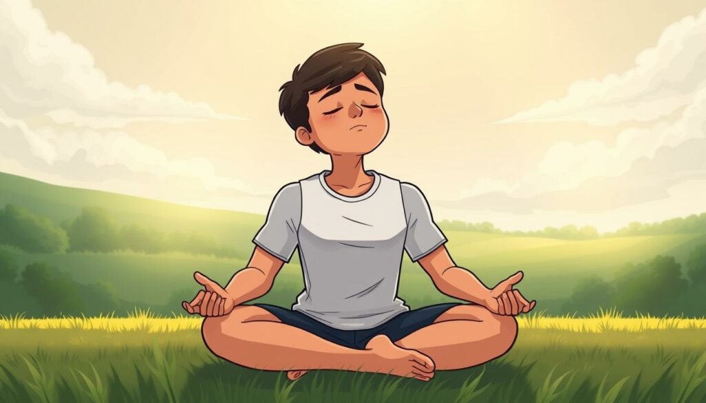 A serene and contemplative athlete sits cross-legged on a field, eyes closed in meditation. Soft, diffused lighting filters through wispy clouds, casting a gentle glow on their face. In the background, a verdant landscape unfolds, hinting at the calming presence of nature. The pose conveys a sense of inner peace and mindfulness, reflecting the challenges and mental health considerations faced by top-level competitors. The overall scene evokes a thoughtful, introspective atmosphere, capturing the essence of "Mentale Gesundheit im Sport".