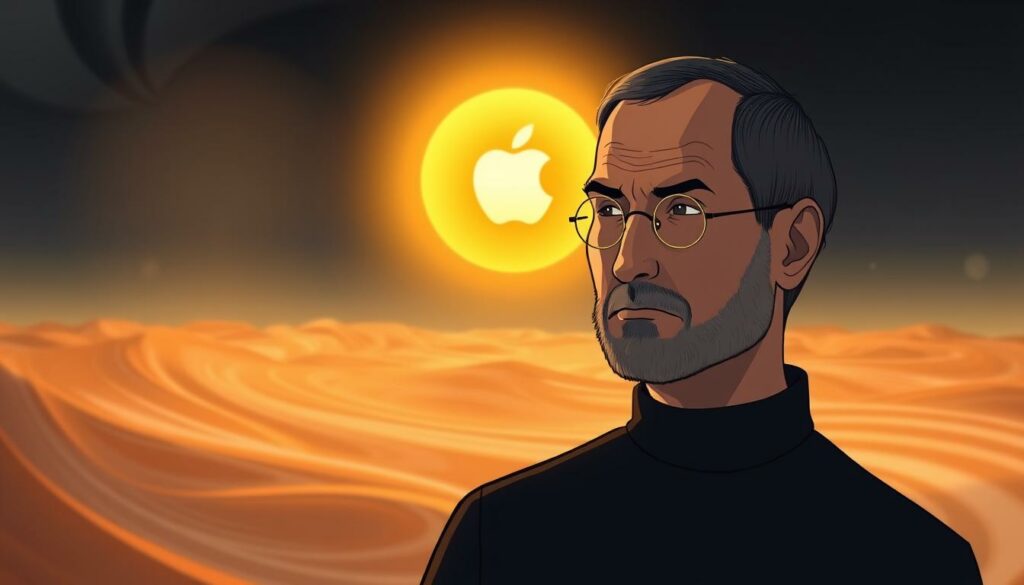 A serene, pensive figure stands in the foreground, their gaze fixed on a distant horizon. The figure is Steve Jobs, the visionary co-founder of Apple, his face etched with the wisdom and experience of his last years. The middle ground is a swirling, ethereal landscape, a blend of technology and nature, hinting at the legacy he left behind. In the background, a glowing, golden-hued orb - the iconic Apple logo - radiates a warm, contemplative light, symbolizing the enduring impact of his vision. The scene is captured with a soft, cinematic lens, creating a mood of reverence and reflection.