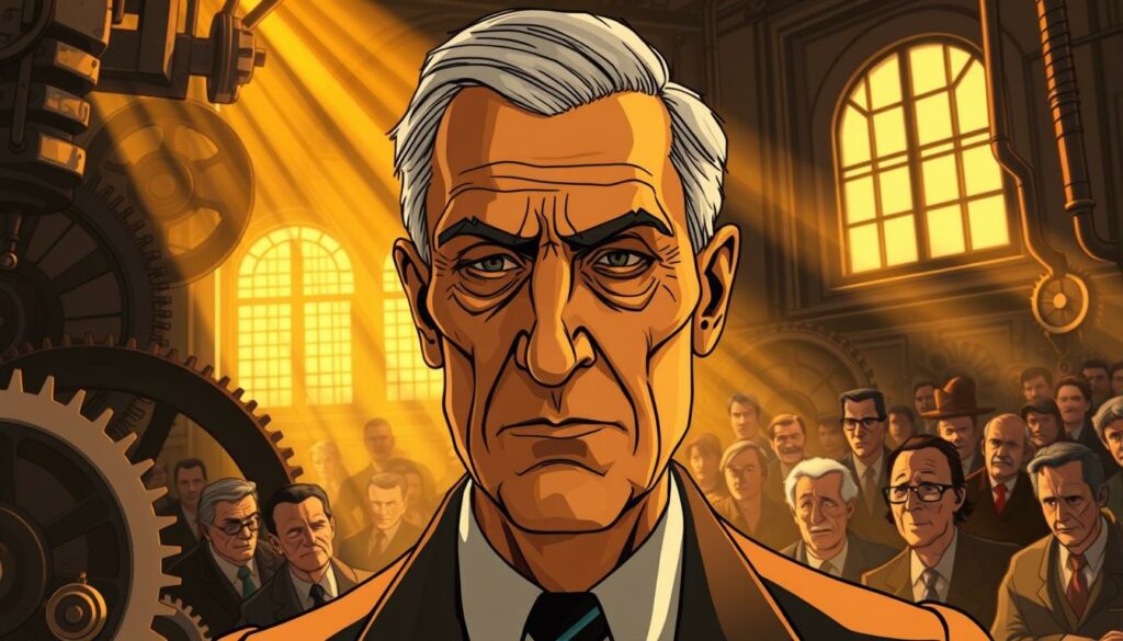 A sharp-featured Henry Ford, his brow furrowed in contemplation, stands amidst the gears and mechanisms of his industrial empire. Rays of golden light stream through the windows, casting dramatic shadows across his weathered face. In the background, a tense crowd gathers, their expressions reflecting the controversies and debates that have long swirled around this visionary yet polarizing figure. The mood is one of both reverence and unease, capturing the complexity and contradictions that have defined Henry Ford's legacy.