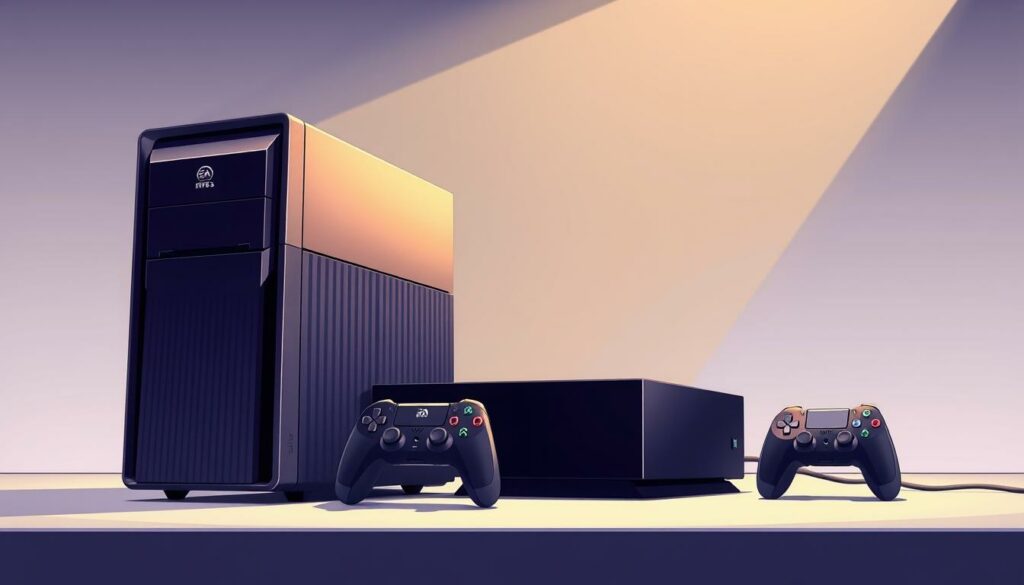 A sleek and modern gaming setup featuring a high-end gaming console and desktop PC, set against a backdrop of a clean, minimalist environment. The console and PC are displayed prominently, showcasing their advanced technical specifications and capabilities. Soft, directional lighting illuminates the scene, creating a sense of sophistication and technological prowess. The overall composition emphasizes the seamless integration of console and PC gaming, inviting the viewer to immerse themselves in the FIFA 25 experience. The scene exudes a sense of anticipation and excitement, perfectly capturing the essence of the "Technische Voraussetzungen" section.