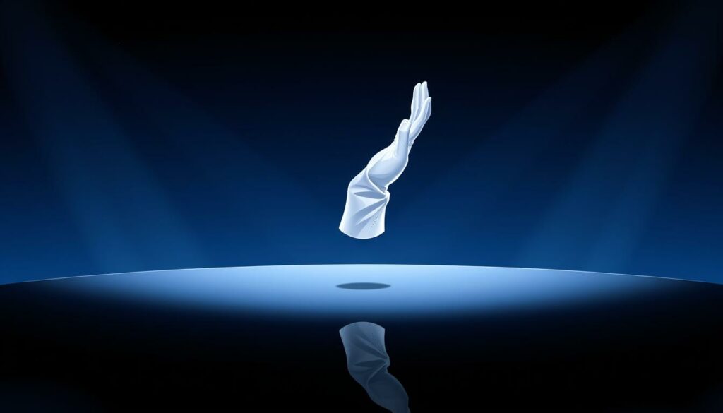 A sleek, minimalist album cover for Michael Jackson's "Invincible" album. In the center, a large, glossy black surface reflects the soft, dramatic lighting, creating a sense of depth and mystery. Hovering above the surface, a single, crystalline white glove floats weightlessly, its fingers outstretched in a graceful, iconic gesture. The background is a deep, midnight blue, with subtle hints of stars or constellations, adding a celestial, otherworldly atmosphere. The overall composition is elegant, sophisticated, and evocative of Michael Jackson's timeless elegance and musical legacy.
