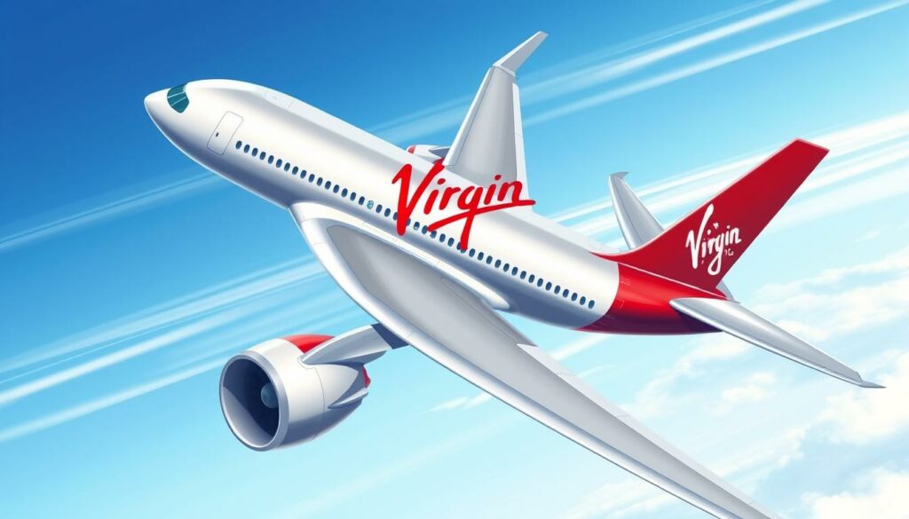 A sleek, silver-gray aircraft soars gracefully against a clear, azure sky. The Virgin Atlantic logo, a bold, crimson "V" emblazoned on the fuselage, commands attention. The aircraft's streamlined silhouette and swept-back wings convey a sense of speed and efficiency. In the foreground, the aircraft's engines hum with power, their gleaming titanium nacelles reflecting the sunlight. Mid-frame, the aircraft's cabin windows offer a glimpse of the passengers within, their faces obscured, hinting at the adventure and connections that Virgin Atlantic facilitates. In the background, wispy cirrus clouds drift lazily, creating a serene, tranquil atmosphere. This image captures the essence of Richard Branson's vision for Virgin Atlantic - a bold, innovative airline that transports passengers with style, efficiency, and a touch of glamour.