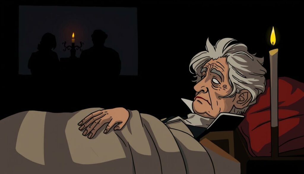 A somber, dramatic scene of Beethoven's final moments, captured in a moody, chiaroscuro-style portrait. In the dimly lit foreground, the aged composer lies deathly ill, his weathered face etched with pain and vulnerability. Shadows cast long across the room, evoking a sense of the approaching end. The middle ground features the silhouettes of mourning loved ones, their postures conveying a palpable grief. In the shadowy background, a lone candle flickers, its flickering flame the sole source of illumination, symbolizing the waning of Beethoven's creative brilliance. The overall atmosphere is one of solemnity, loss, and the heavy weight of Beethoven's enduring musical legacy.