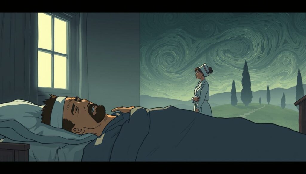 A somber, impressionistic scene depicting the final moments of Vincent van Gogh's life. In the foreground, the artist lies on a bed, his head bandaged, face contorted in pain. Soft, muted light filters through the window, casting a melancholic glow. In the middle ground, a doctor and nurse attend to the dying van Gogh, their expressions solemn. The background features a hazy, dreamlike landscape, suggestive of van Gogh's iconic swirling skies and cypress trees, symbolizing the artist's enduring legacy. The overall atmosphere conveys a sense of profound loss and the weight of van Gogh's tragic demise, while hinting at the profound impact he would leave on the art world.