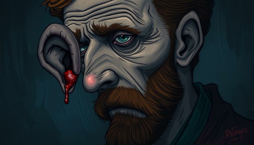 A somber, moody portrait of a tortured artist's inner turmoil. In the foreground, a close-up of a human ear, the lobe severed, blood trickling down the side of the face. The middle ground depicts a distressed and anguished expression, brows furrowed, eyes hollow and haunted. The background is shrouded in a hazy, dreamlike atmosphere, with swirling brushstrokes of dark, brooding colors - blues, purples, and blacks - conveying a sense of psychological unease and emotional distress. The lighting is soft and chiaroscuro, casting dramatic shadows and highlighting the intensity of the subject's pain and anguish. The overall composition and style evoke the turbulent life and mental state of the renowned Dutch Post-Impressionist painter, Vincent van Gogh.