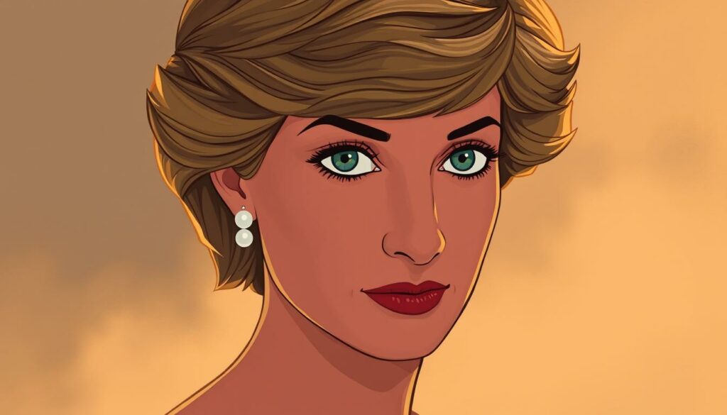 A somber yet regal portrait of Princess Diana, the "People's Princess", gazing pensively against a muted, dreamy backdrop. Her delicate features are softly illuminated, conveying a sense of quiet dignity and introspection. The warm, golden lighting casts a luminous glow, evoking a sense of timeless grace. The composition emphasizes Diana's piercing eyes and serene expression, hinting at the profound impact she had on the world. Subtle details, such as the shimmering pearl earrings and the gentle folds of her elegant dress, add depth and elegance to the scene. This image captures the essence of Diana's enduring legacy - a compassionate heart and an unwavering spirit that continue to inspire millions.