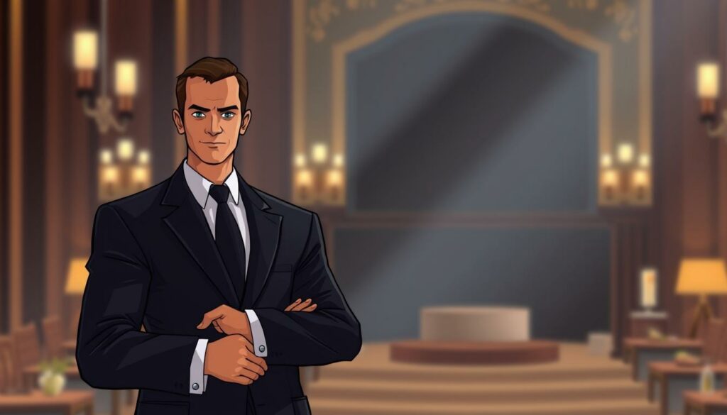 A sophisticated, high-resolution image of James Bond standing confidently in a sleek, tailored suit, embodying the elegance and charm of the iconic character. The foreground features Bond's suave demeanor, with a subtle, confident gaze and a hint of a knowing smile. The middle ground showcases the intricate details of his impeccable suit, from the sharp creases to the gleaming cufflinks. In the background, a blurred, sophisticated setting evokes the glamour and sophistication of the Bond franchise, with a subtle play of light and shadow adding depth and atmosphere. The overall composition conveys the essence of the "James Bond" brand - sophisticated, mysterious, and undeniably captivating.
