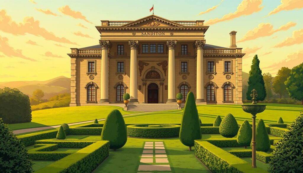 A sprawling estate nestled amidst rolling hills, the grand Sanditon Roman villa stands tall, its weathered stone facade bathed in the warm glow of the setting sun. Majestic columns frame the ornate entryway, leading the eye inward towards the opulent interiors, where delicate frescoes and intricate mosaics adorn the walls. A sense of timeless elegance pervades the scene, hinting at the refined sensibilities of its long-ago occupants. The tranquil garden, with its neatly trimmed hedges and sculpted topiary, invites quiet contemplation, a serene oasis that seems to echo the understated charm of Jane Austen's later literary work. An air of melancholy and unfinished potential hangs over the estate, a poignant reminder of the author's own untimely demise.