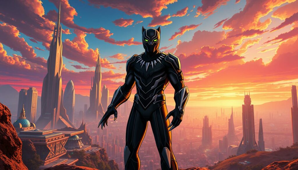 A sprawling, futuristic cityscape of Wakanda, its gleaming towers and advanced technology rising against a vibrant, colorful sky. In the foreground, a regal figure in a sleek, high-tech suit of armor - the Black Panther, successor to the throne, standing tall and resolute, his claws extended, ready to defend his kingdom. The scene is bathed in a warm, golden light, conveying a sense of power, innovation, and the unwavering strength of the Wakandan people. The composition is dynamic, the angles and perspectives lending a sense of grandeur and cinematic scope, hinting at the epic events to come.
