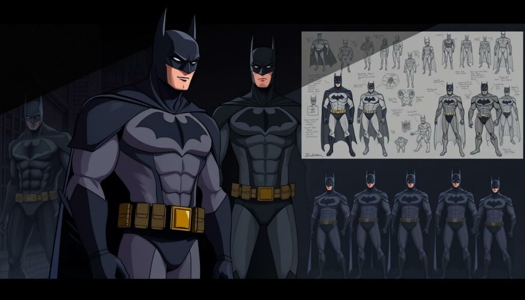A storyboard of Batman costume evolution, showcasing the iconic Batsuit's transformation through time. In the foreground, a detailed examination of the classic gray and black costume, with its sharp-edged cowl, utility belt, and distinctive chest emblem. In the middle ground, the brooding figure of Batman stands amidst a shadowy Gotham City backdrop, illuminated by a moody, dramatic lighting. In the background, a collage of sketches and concept art depicting the gradual refinement of the Batsuit design, from the early experimental versions to the sleek, modern incarnations. The overall atmosphere conveys the character's journey, from the early days of his crimefighting career to the present, with a sense of timeless elegance and dark, haunting beauty.