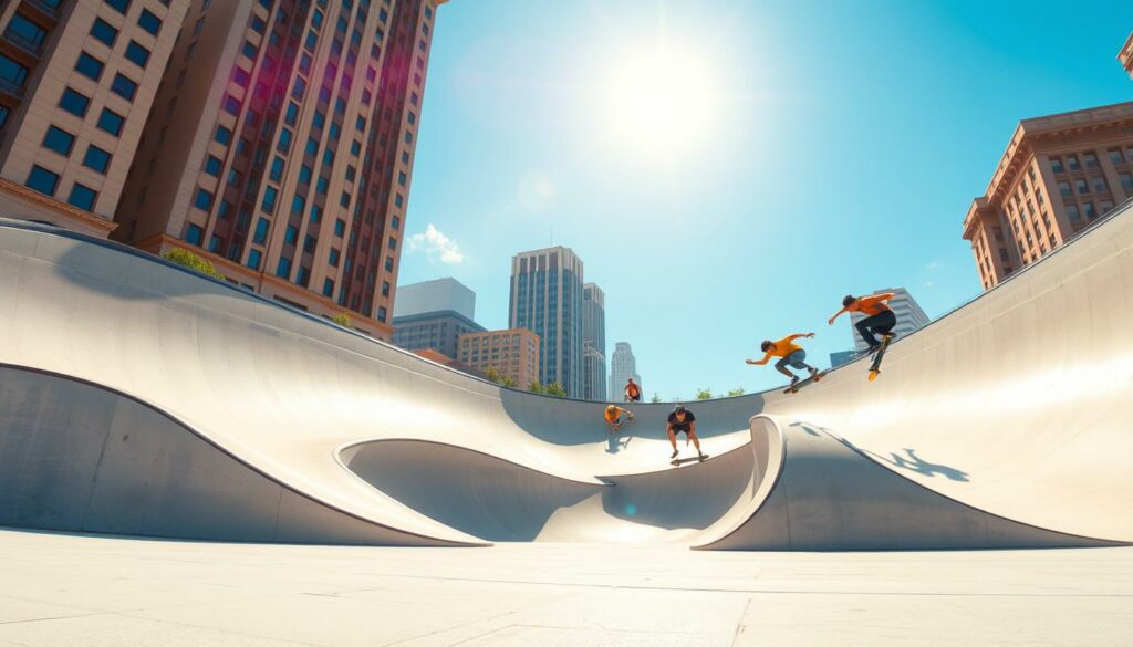 A sun-dappled skatepark, its smooth concrete expanses and sculptural ramps arrayed against a backdrop of towering buildings and a clear blue sky. In the foreground, a group of skilled skaters execute gravity-defying tricks, their boards carving graceful arcs through the air as they launch from the custom-designed obstacles. The scene is saturated with a sense of energy and youthful vitality, capturing the spirit of Tony Hawk's pioneering impact on the sport and his enduring influence as an entrepreneur and philanthropist. The image is shot with a wide-angle lens to emphasize the scale and dynamism of the skatepark, with soft, natural lighting that casts long shadows and highlights the textures of the concrete and the flowing movements of the skaters.