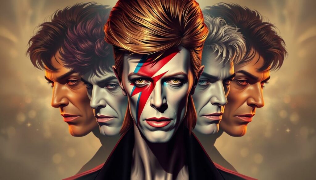 A surreal portrait of David Bowie, the chameleon of rock music, showcasing his many metamorphic faces. In the foreground, a kaleidoscope of Bowie's iconic personas - Ziggy Stardust, Thin White Duke, Aladdin Sane - their features blending and morphing into one another, captured in a dreamlike, ethereal atmosphere. The middle ground features a hazy, abstract backdrop, evoking the ever-changing nature of Bowie's style and persona. Soft, dramatic lighting casts dramatic shadows, adding depth and mystique to the composition. The overall effect is a visually striking representation of Bowie's shape-shifting artistry and enduring influence on popular culture.