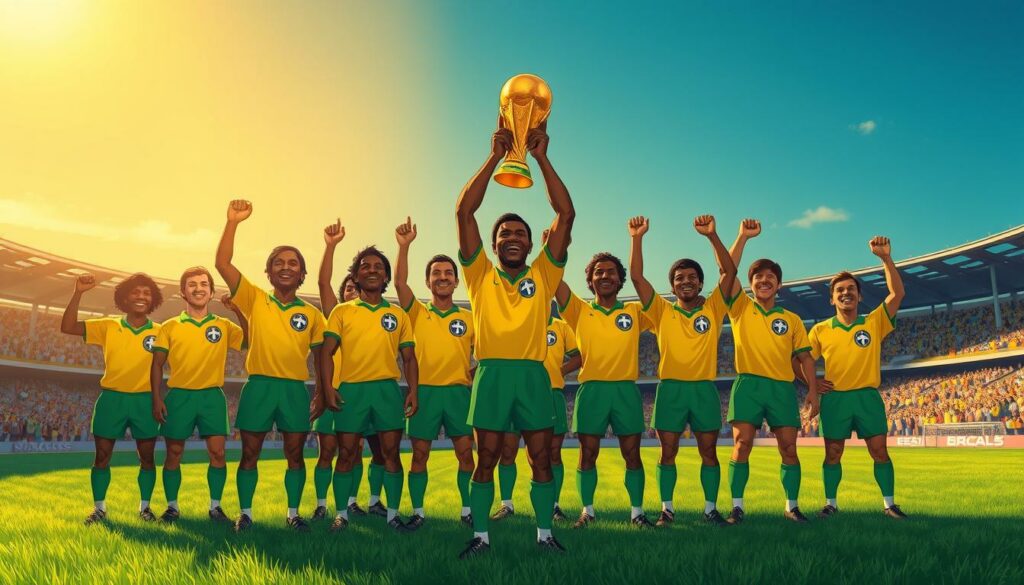 A team of legendary Brazilian football players standing proudly on a lush, verdant pitch, the golden World Cup trophy held high in their hands. Pelé, the iconic king of the game, leads his teammates in celebratory jubilation, their faces alight with joy and pride. The image is bathed in warm, golden sunlight, casting a soft, nostalgic glow over the scene. The players' classic, vibrant yellow and green uniforms stand in stark contrast to the deep blue sky above, creating a harmonious, visually striking composition. The crowd's roar can almost be heard, their enthusiastic cheers echoing through the stadium. This is a moment of pure, unadulterated triumph, capturing the essence of Brazil's 1970 World Cup victory and the legacy of Pelé's legendary career.
