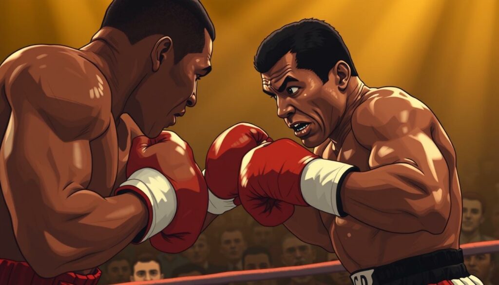A tense, dramatic ring scene capturing the climactic moments of the historic boxing match between Muhammad Ali and Trevor Berbick. The foreground focuses on the two combatants, Berbick leaning in with clenched fists, while an exhausted but resolute Ali parries the blows, his weathered face etched with determination. The middle ground is a blur of spectators, their faces alive with the electric tension of the fight. The background is shrouded in a warm, golden glow, evoking the fading glory of Ali's storied career as he takes his final steps towards retirement.