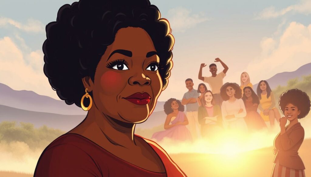 A thoughtful, introspective portrait of Oprah Winfrey, capturing her enduring legacy and profound impact. In the foreground, Oprah stands tall, her gaze steady and confident, conveying the strength and resilience that have defined her life's work. Subtle lighting highlights the warmth and compassion in her expression, a reflection of the empathy and wisdom she has shared with the world. In the middleground, a tapestry of diverse, empowered individuals surrounds her, symbolizing the countless lives she has uplifted and inspired. The background depicts a serene, dreamlike landscape, hinting at the deeper, transcendent qualities of Oprah's Vermächtnis - her lasting influence, her visionary spirit, and the enduring impact of her legacy.