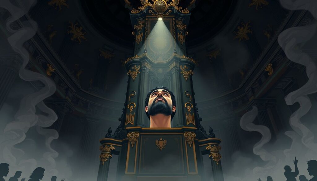 A towering, baroque-inspired monument stands in a vast, dimly-lit chamber, its intricate carvings and gilded details casting dramatic shadows. Faust, the legendary protagonist, gazes upwards with an expression of profound contemplation, his visage illuminated by a single spotlight that pierces the gloom. Swirling clouds of incense shroud the scene, lending an aura of mysticism and the occult. In the background, indistinct figures move through the shadows, hinting at the complex narrative that unfolds within Goethe's monumental literary work. The entire composition conveys a sense of grandeur, weight, and the timeless resonance of this seminal work of German Romanticism.