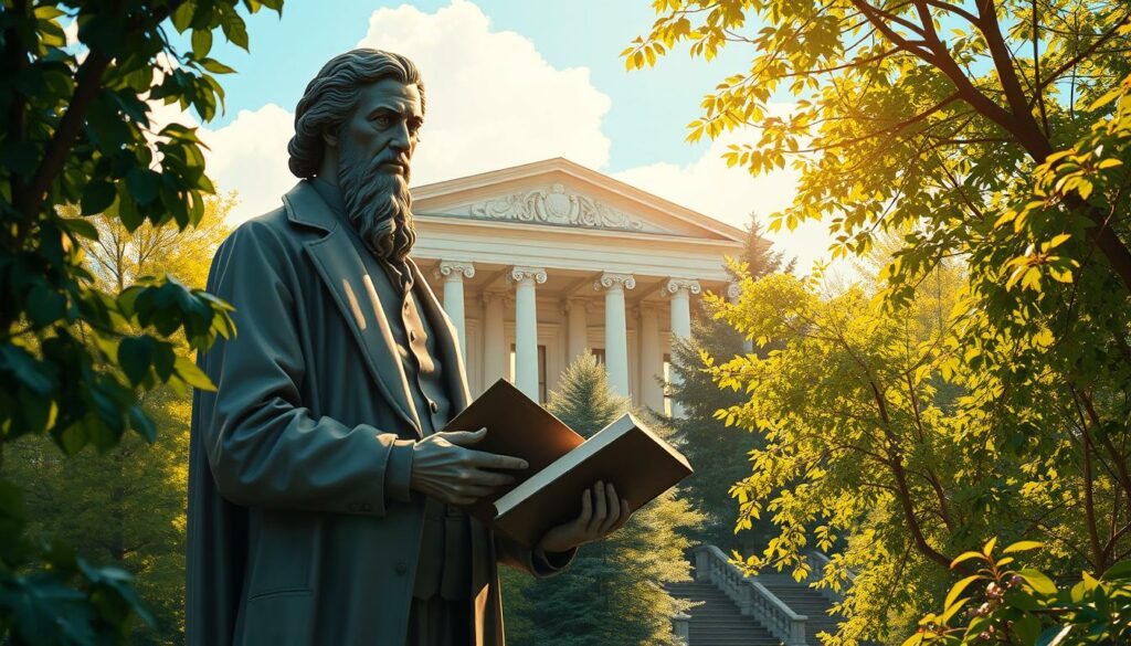 A towering bronze statue of Johann Wolfgang von Goethe stands in a tranquil garden, his pensive gaze fixed upon a tome in his hands. Sunlight filters through the lush foliage, casting a warm, contemplative aura. In the background, a grand neo-classical structure looms, symbolic of Goethe's lasting literary and intellectual legacy. The scene exudes a sense of reverence and contemplation, inviting the viewer to ponder the complex mythos that has surrounded this celebrated German poet, playwright, and polymath. Ornate details and textures lend an air of timeless grandeur, capturing the enduring influence of "Der Dichterfürst" on art, philosophy, and the human spirit.