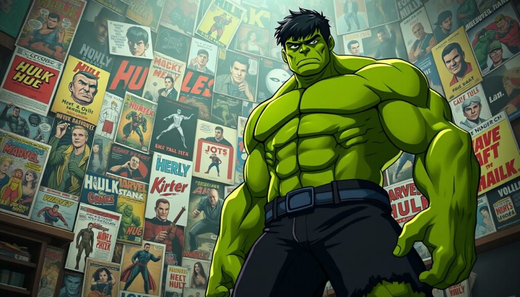 A towering green figure, the Hulk, stands in the center of the frame, his muscular physique and piercing gaze commanding attention. In the background, a collage of iconic pop culture references unfolds - comic book panels, movie posters, and merchandise showcasing the Hulk's enduring impact on the zeitgeist. The lighting is dramatic, casting strong shadows and highlighting the Hulk's imposing presence. The scene is shot from a low angle, emphasizing the character's power and dominance. The overall atmosphere is one of cultural significance, with the Hulk serving as a symbol of strength, resilience, and the enduring appeal of the superhero genre.