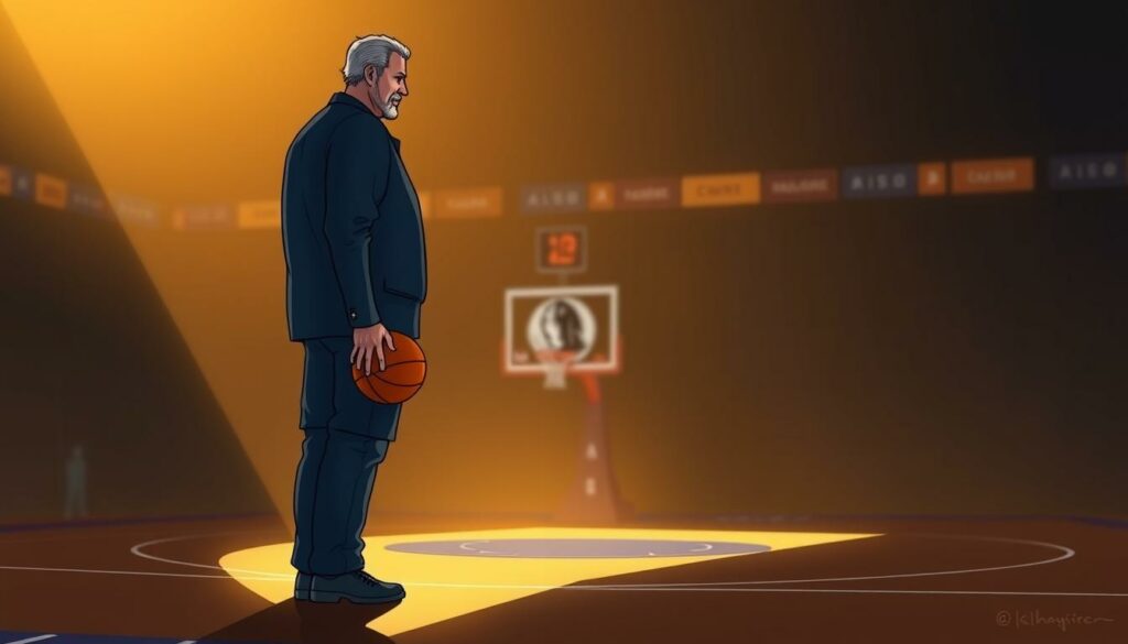 A towering, soft-spoken figure stands on a dimly lit basketball court, his large frame casting a gentle shadow. The court is bathed in warm, golden light, creating a serene atmosphere. The man, Dirk Nowitzki, now a "Special Advisor" to the Dallas Mavericks, holds a basketball in his hands, his expression contemplative as he reflects on his post-retirement life. The background is blurred, with hints of the team's iconic colors and logo visible, signifying his continued involvement with the organization he has served so faithfully. The image conveys a sense of tranquility and a life well-lived, reflecting the essence of the "Leben nach der Karriere" section of the article.