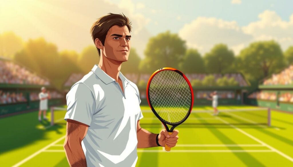 A triumphant Roger Federer stands tall on a tennis court bathed in golden sunlight, his expression radiating confidence and mastery. In the foreground, his powerful physique is captured in sharp focus, the details of his pristine white uniform and tightly-gripped racket conveying an unwavering command of the sport. In the middle ground, the lush green court stretches out, dotted with the blurred silhouettes of his vanquished opponents. The background fades into a hazy, dreamlike landscape, hinting at the grandeur and scale of Federer's dominance during his prime years from 2004 to 2008.