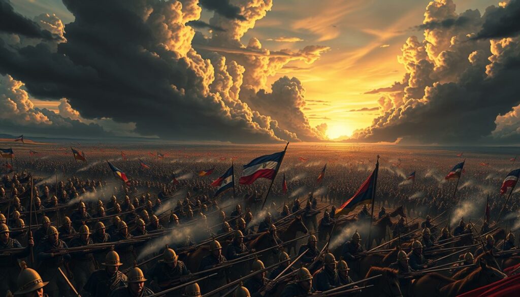 A vast, sprawling battlefield under a dramatic sky, the Grande Armée of Napoleon Bonaparte charging into the fray, a sea of gleaming steel and billowing standards. In the foreground, the imposing figures of the French infantry, their muskets at the ready, faces set with grim determination. Further back, the thundering hooves of cavalry, lances and sabers flashing. Billowing clouds of smoke from artillery, illuminated by the glow of cannon fire. A panoramic vista of conquest, the ultimate expression of Napoleon's military might and ambition. Lit by a dramatic chiaroscuro, the scene conveys the scale, power, and volatility of the Grande Armée's decisive campaigns.