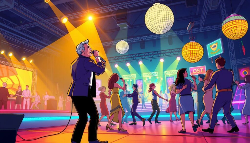 A vibrant and dynamic scene depicting the "Schlager-Evolution" - the musical journey and cultural influence of the German Schlager genre. In the foreground, a captivating performance by a charismatic Schlager artist, bathed in a warm, golden spotlight. Mid-ground, a lively dance floor, with couples swaying in sync to the infectious beats. In the background, a backdrop of neon-lit stages, disco balls, and retro-futuristic visuals, representing the evolving styles and production techniques that have shaped the Schlager landscape over the decades. The overall atmosphere is one of celebratory nostalgia, showcasing the enduring appeal and impact of this quintessential German musical tradition.