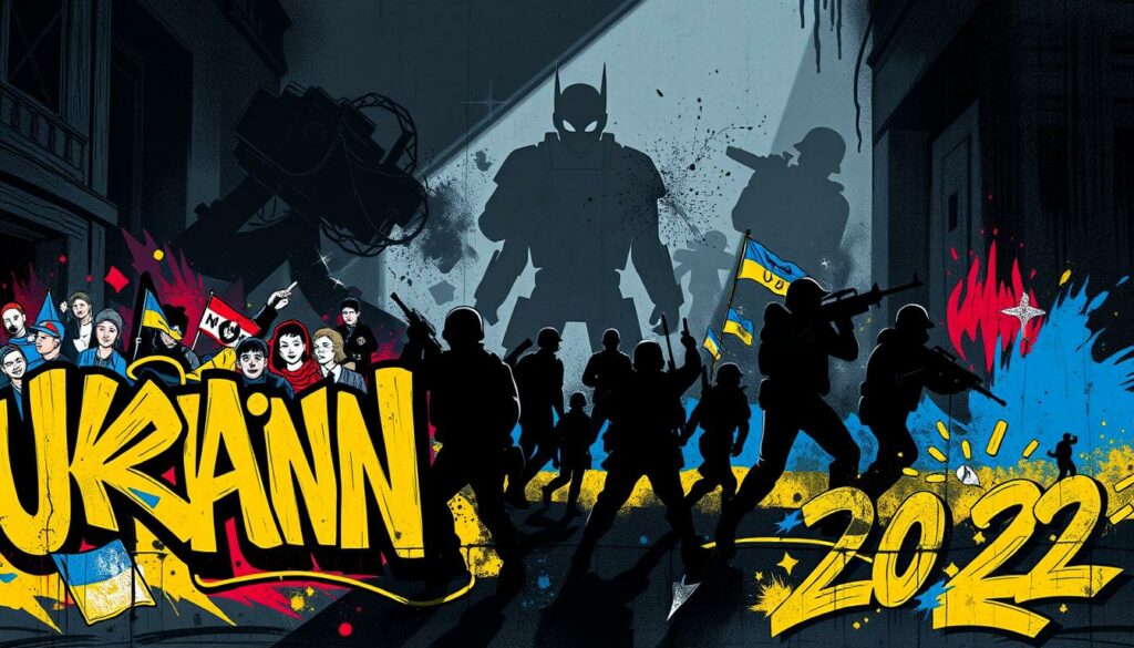 A vibrant and dynamic street art piece depicting the Ukrainian conflict in 2022. In the foreground, bold brushstrokes and graffiti-style elements capture the defiant spirit of the Ukrainian people, with symbols of resistance and national pride. The middle ground features silhouettes of civilians and soldiers, caught in a moment of struggle and resilience. In the background, a shadowy but menacing presence looms, representing the ongoing threat and uncertainty. The lighting is dramatic, with deep shadows and highlights that add depth and intensity to the scene. The overall composition is asymmetrical and energetic, conveying a sense of movement and urgency. The mood is somber yet hopeful, reflecting the complex and evolving nature of the conflict.