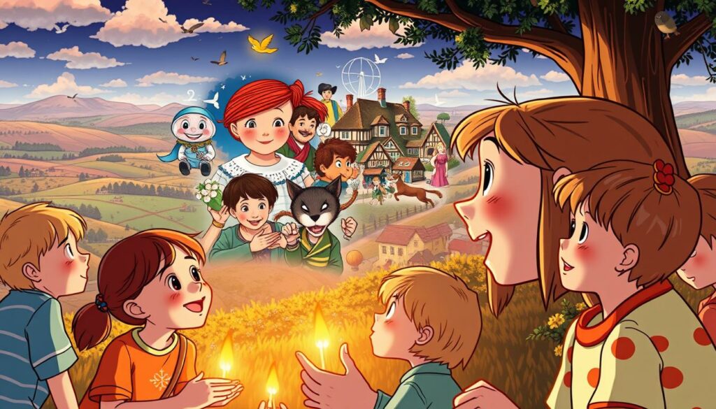 A vibrant, captivating scene depicting the profound influence of Astrid Lindgren's work on Swedish society. In the foreground, a group of children immersed in the whimsical world of her beloved characters, their faces alight with wonder and joy. In the middle ground, a mosaic of iconic imagery from Lindgren's narratives - Pippi Longstocking's red pigtails, Karlsson-on-the-Roof's mischievous grin, Emil i Lönneberga's mischievous antics. In the background, a sweeping panorama of the Swedish countryside, rolling hills, and quaint villages, reflecting the bucolic settings that so often served as the backdrop for Lindgren's timeless tales. The scene is bathed in a warm, golden light, evoking a sense of nostalgia and the enduring legacy of this remarkable author's impact on the nation's cultural identity and collective childhood.