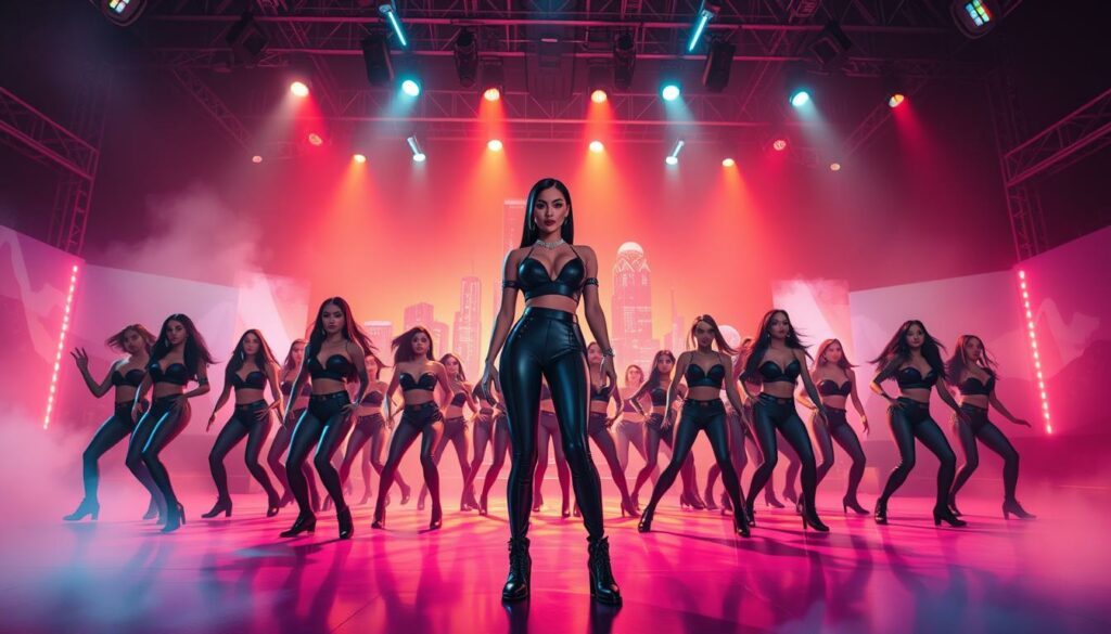 A vibrant, cinematic music video scene featuring Shirin David, the rising German rap star. In the foreground, Shirin stands tall, her confident presence commanding attention. She is dressed in a sleek, high-fashion outfit that reflects her unique style. Surrounding her, a dynamic ensemble of backup dancers move in sync, their energetic choreography pulsing with the rhythmic beat. In the middle ground, the stage is illuminated by vibrant, color-changing lighting that casts an electric atmosphere. Smoke machines add a moody haze, while overhead spotlights create dramatic shadows and highlights. The camera angle is slightly elevated, giving a bird's-eye view of the captivating performance. In the background, a towering cityscape or abstract digital landscape serves as the visual backdrop, hinting at the urban, contemporary vibe of Shirin's musical persona. The entire scene radiates a sense of artistic vision, technical prowess, and Shirin's commanding presence as a rising force in the German music industry.