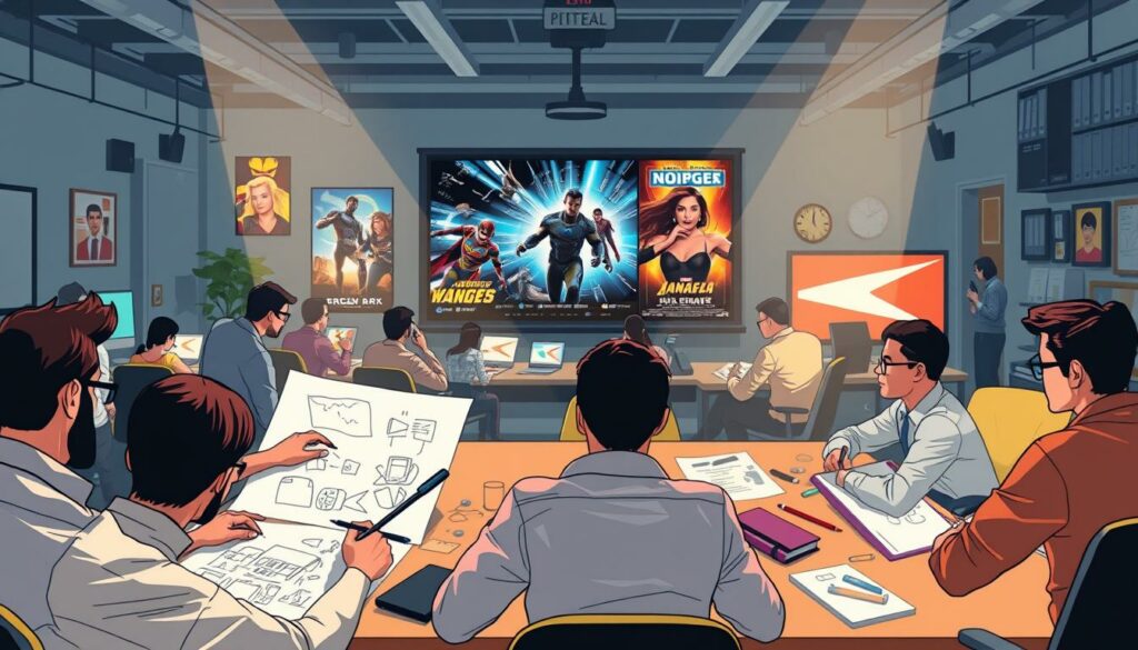 A vibrant, cinematic scene of a dynamic marketing campaign for a superhero movie. In the foreground, a team of creatives brainstorm ideas, sketching storyboards and mood boards. In the middle ground, a large projection screen displays bold, eye-catching posters and trailers, capturing the heroic spirit of the film. The background is alive with the buzz of a bustling production office, phones ringing, computers humming, and executives in deep discussion. Dramatic lighting casts deep shadows, heightening the sense of anticipation and excitement. The overall atmosphere is one of collaborative energy, as the various elements of the marketing and release strategy come together to build hype and enthusiasm for the upcoming blockbuster.