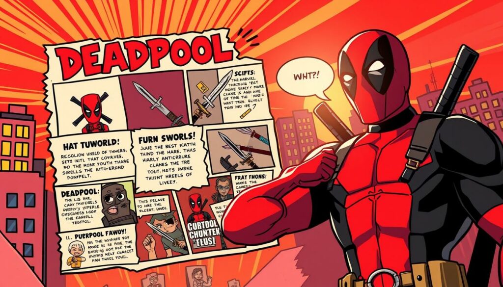A vibrant, comic-book-inspired scene depicting interesting facts about the notorious antihero Deadpool. In the foreground, Deadpool strikes a dynamic pose, his signature red and black suit and mask catching the light. The middle ground features a collage of quirky visual highlights - Deadpool breaking the fourth wall, his signature swords, and various humorous facts about the character. The background is a bold, stylized cityscape in shades of red, orange, and yellow, conveying the character's energetic, irreverent personality. The lighting is dramatic, with deep shadows and highlights that accentuate the comic book aesthetic. The overall composition is balanced and visually engaging, inviting the viewer to explore the many fascinating details about this one-of-a-kind Marvel superhero.