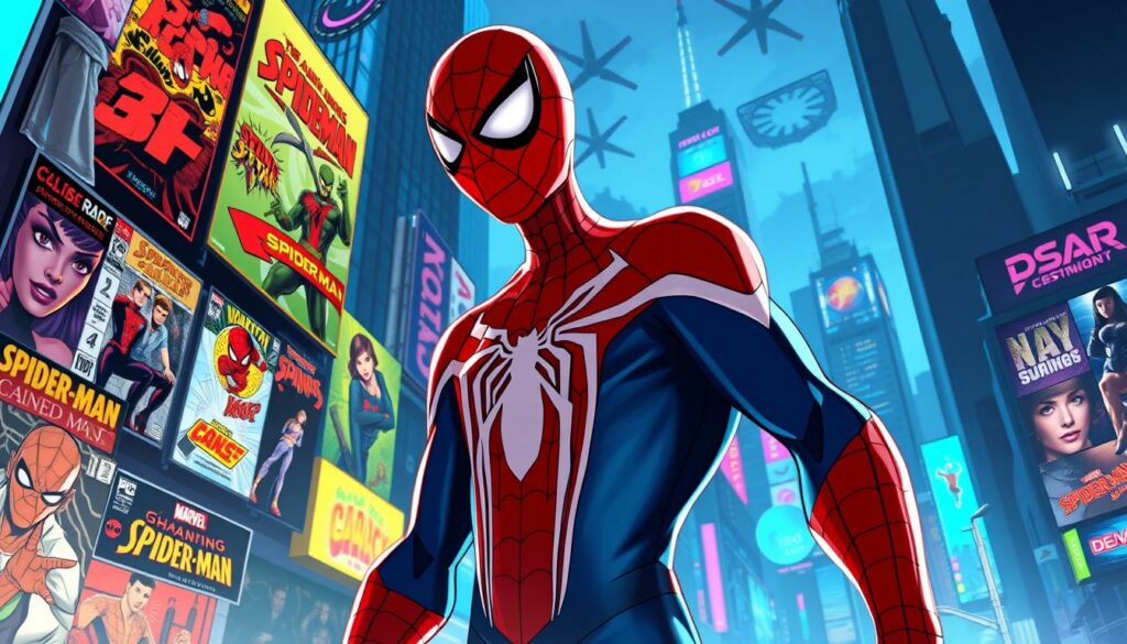 A vibrant depiction of Spider-Man immersed in the dynamic world of pop culture. In the foreground, the iconic web-slinger stands tall, his costume meticulously detailed, capturing the essence of the beloved superhero. The middle ground features a collage of recognizable elements from the Spider-Man universe, including comic book panels, movie posters, and video game covers, all infused with a vibrant, neon-like aesthetic. The background showcases a cityscape, with skyscrapers and billboards reflecting the character's urban setting, further emphasizing his integration into the zeitgeist. The lighting is a harmonious blend of dynamic shadows and vibrant highlights, lending a cinematic and immersive quality to the scene. The overall composition conveys the enduring influence of Spider-Man on popular culture, as he remains a timeless icon transcending the boundaries of media.