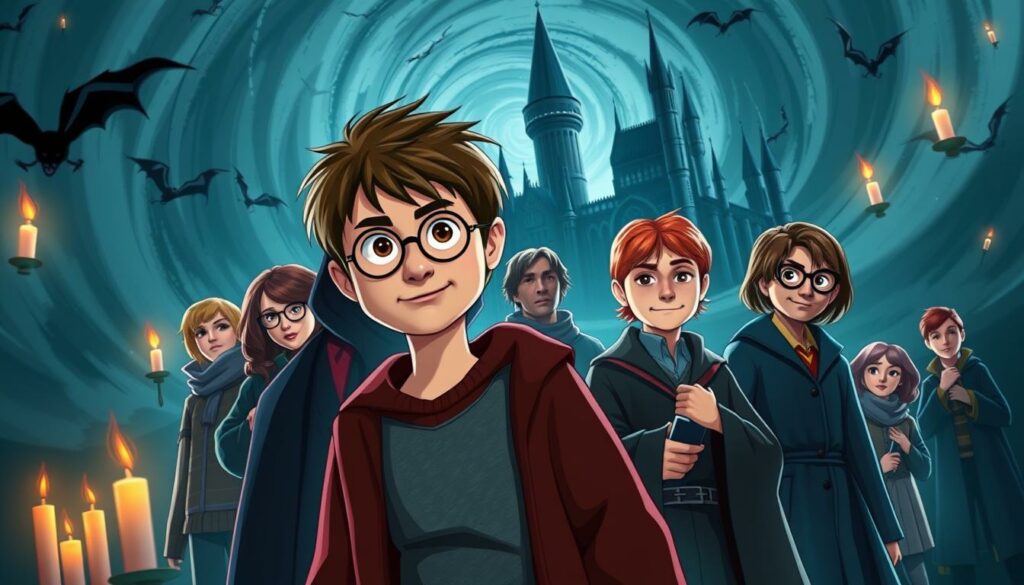 A vibrant gathering of the most iconic Harry Potter characters, depicted in a dynamic, cinematic style. In the foreground, the young wizard Harry Potter stands tall, his lightning bolt scar and determined expression capturing the essence of the boy who lived. Surrounding him, the loyal trio of Ron Weasley and Hermione Granger, along with the enigmatic Professor Dumbledore, create a sense of camaraderie and magic. In the middle ground, the brooding Professor Snape and the mischievous Weasley twins add depth and contrast to the scene. In the background, a swirling vortex of Hogwarts Castle, floating candles, and the silhouettes of Dementors and other magical creatures set the tone of the wizarding world. Dramatic lighting and a moody, cinematic color palette bring this ensemble of pivotal Harry Potter characters to life, reflecting the narrative's themes of courage, friendship, and the triumph of good over evil.