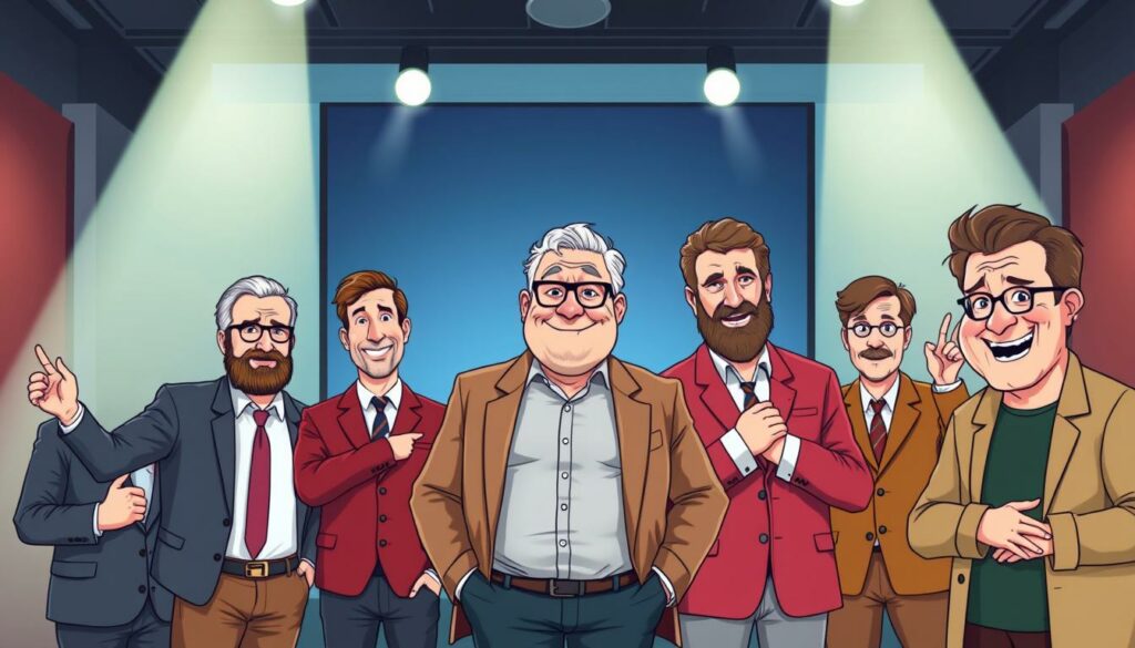 A vibrant, high-resolution image depicting a comedic comparison between Oliver Pocher and other renowned German comedians. Set in a modern, well-lit studio, the frame showcases the performers in a side-by-side arrangement, each capturing their unique comedic styles and stage presence. Pocher, in the center, stands confidently with a wry smile, while his counterparts flank him, delivering contrasting expressions and gestures that highlight their distinctive comedic approaches. The image conveys a sense of playful rivalry and the diversity of the German comedy landscape, inviting the viewer to appreciate the nuances and personalities that define this celebrated entertainment field.