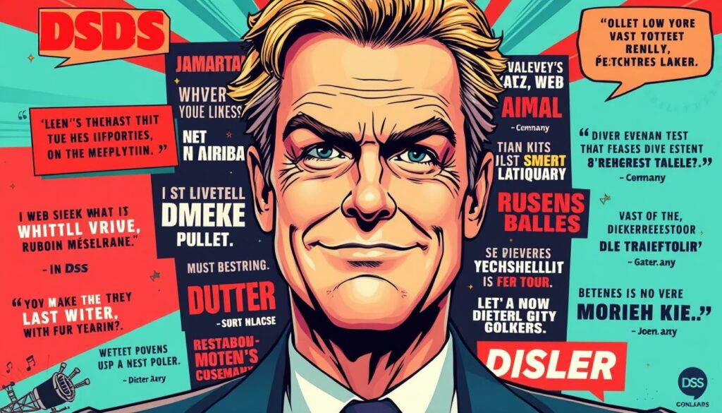 A vibrant pop art composition depicting Dieter Bohlen, the charismatic "Poptitan" of Germany's talent show DSDS, surrounded by his iconic witty quotes. In the foreground, Bohlen's larger-than-life portrait commands attention, his mischievous gaze and sly smile exuding confidence. The middle ground features a dynamic collage of his most legendary catchphrases, each one rendered in a bold, typographic style that captures the energy and personality of the music producer. The background blends a retro-futuristic aesthetic with subtle references to the DSDS brand, creating a visually striking and immersive scene that celebrates Bohlen's enduring legacy as the master of the cutting quip.