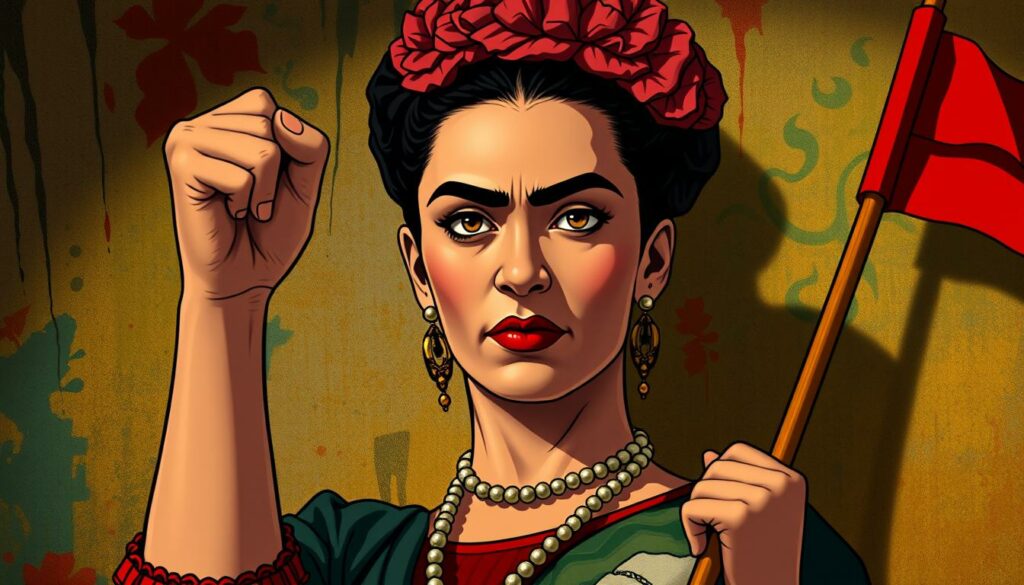 A vibrant portrait of Frida Kahlo, her fierce eyes and iconic unibrow capturing her unwavering political engagement and feminist spirit. In the foreground, Kahlo stands tall, her left fist raised in a defiant gesture, while her right hand clutches a red flag, a symbol of her revolutionary ideals. The background is a rich, textured tapestry of bold colors and abstract patterns, hinting at the artist's surrealist influences and her commitment to social and political change. Dramatic lighting from the side casts dramatic shadows, emphasizing the intensity of Kahlo's gaze and the power of her presence. The scene conveys a sense of strength, determination, and a refusal to be silenced, embodying the essence of Frida Kahlo's political engagement and her enduring legacy as a feminist icon.