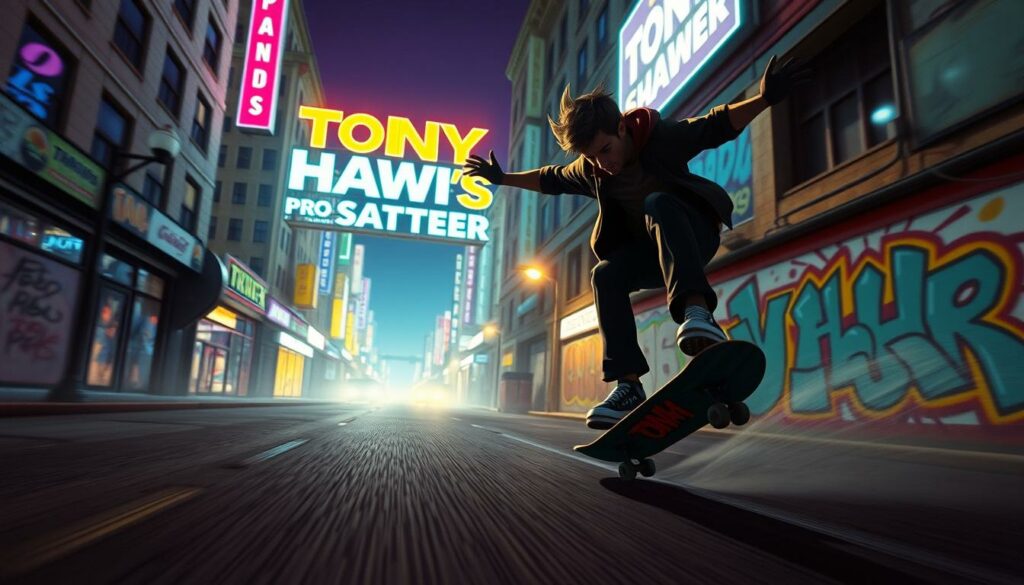 A vibrant, retro-inspired scene depicting the iconic Tony Hawk's Pro Skater video game. Set against a backdrop of neon-lit city streets, the game's logo and characters are prominently featured, capturing the high-energy, rebellious spirit of skateboarding culture. The skater's silhouette is highlighted, mid-trick, with motion blur and dynamic lighting emphasizing the sense of speed and action. Detailed textures, from the worn asphalt to the graffiti-covered walls, immerse the viewer in the gritty, urban environment that defined the game's aesthetic. An atmospheric haze, cinematic depth of field, and a subtle film grain effect lend an authentic, nostalgic feel to the image, reflecting the lasting influence of this groundbreaking video game on pop culture.