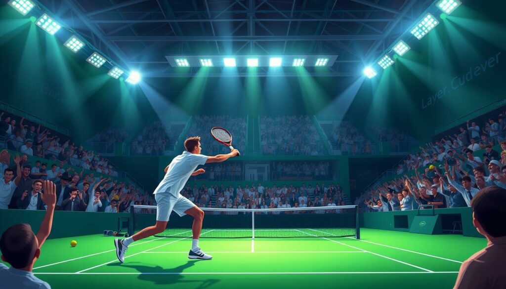 A vibrant scene of the Laver Cup tennis tournament, showcasing the intensity and elegance of the sport. Crisp, high-resolution image capturing the grandeur of the indoor arena, with bright spotlights illuminating the deep green court. In the foreground, two players engage in a riveting rally, their powerful strokes and precise footwork on display. The crowd in the background erupts in cheers, their faces alight with excitement. The composition emphasizes the dynamic movement and competitive spirit of the event, while the overall atmosphere conveys the prestigious and prestigious nature of this prestigious international tennis competition.