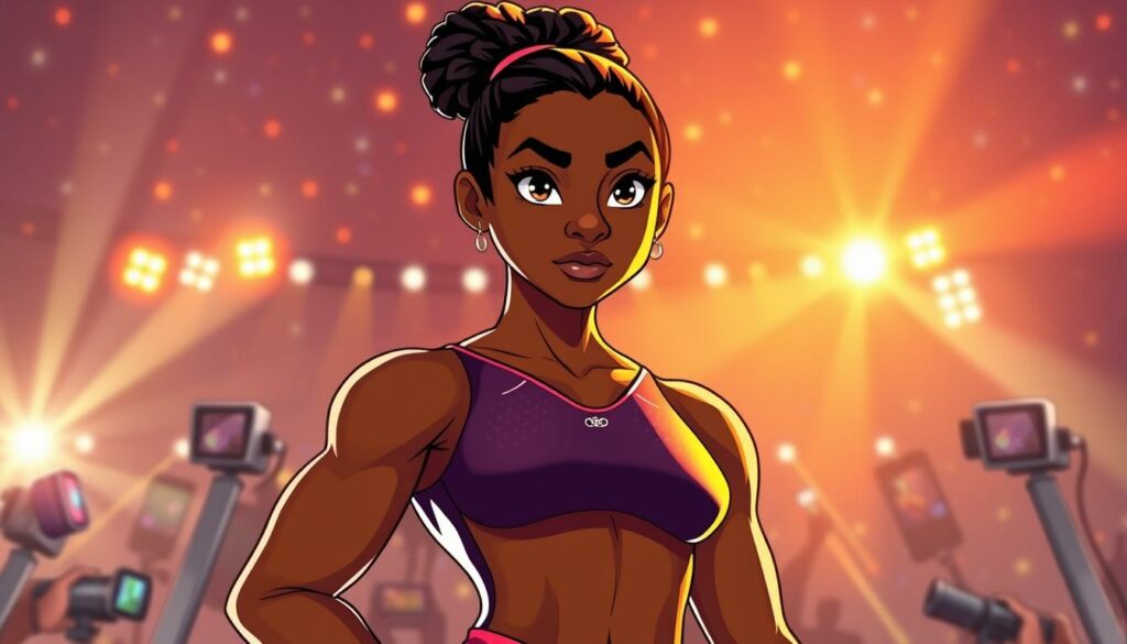A world-class gymnast, Simone Biles, stands tall and confident, her chiseled physique and intense gaze commanding attention. Vibrant lighting bathes her in a warm, golden hue, capturing the aura of an icon. In the background, a kaleidoscope of media flashes, microphones, and cameras converge, creating a sense of the intense public scrutiny she faces. The composition is dynamic, with Biles positioned centrally, her athletic prowess and poise radiating outward. The overall scene exudes a powerful, almost reverential atmosphere, befitting the media presence of a legendary gymnast.