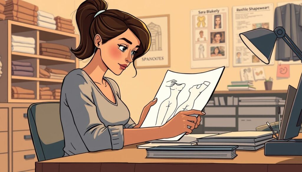 A young, determined woman sits at a desk, intently sketching a prototype of her revolutionary shapewear design. Soft studio lighting casts a warm glow, highlighting her focused expression as she brings her entrepreneurial vision to life. The background features a neatly organized workspace, with shelves of fabric samples and a mood board of inspirational ideas. This intimate scene captures the pivotal moment when Sara Blakely, the founder of Spanx, embarked on her journey to transform the undergarment industry.