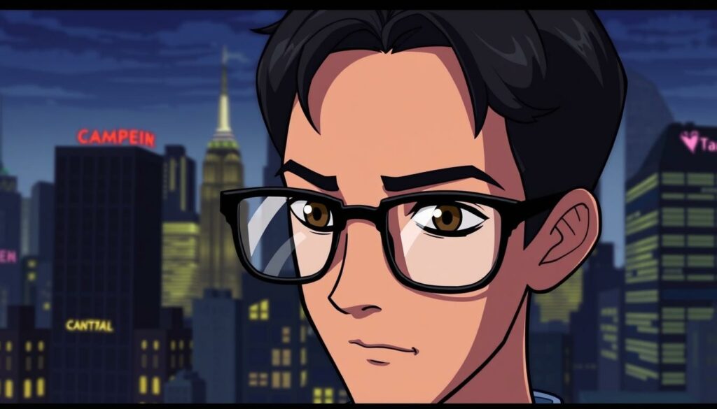 A young man with warm brown eyes and a kind, thoughtful expression stands in the foreground, his gaze slightly downcast. His short, dark hair frames a face that exudes an air of quiet introspection. In the middle ground, a city skyline of towering skyscrapers and neon lights reflects in the lenses of his glasses, hinting at the duality of his life. The lighting is soft and naturalistic, casting gentle shadows that accentuate the chiaroscuro of his features. An overall sense of contemplation and inner conflict pervades the scene, capturing the essence of "Peter Parker: The Man Behind the Mask".