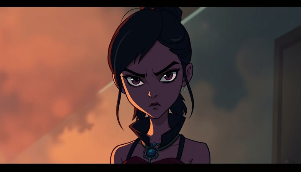 A young woman with intense, piercing eyes stands in the center of the frame, her dark features and unusual attire suggesting a mysterious, otherworldly presence. The background is hazy, blurred, and dreamlike, with hints of swirling colors and distorted shapes that evoke a sense of hallucination and altered perception. Soft, diffused lighting casts dramatic shadows, adding to the atmospheric, almost supernatural quality of the scene. The subject's gaze is unwavering, her expression both captivating and unsettling, as if she possesses extraordinary powers beyond the realm of the ordinary. This is a striking, evocative portrait of Kali Prasad, Eleven's lost sister, captured in a moment of ethereal, hallucinatory intensity.