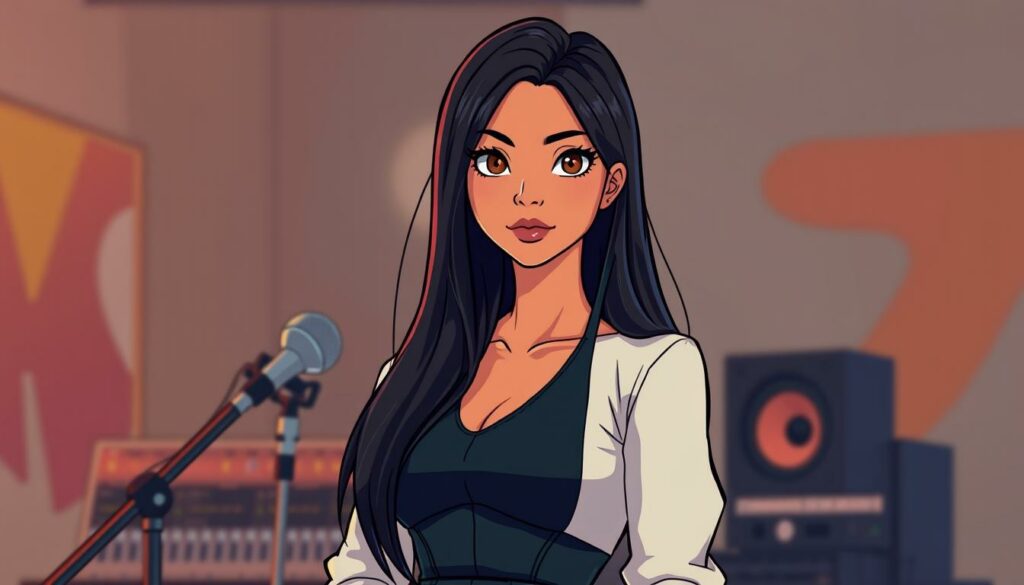 A young woman with long, dark hair stands confidently in the foreground, her gaze direct and captivating. She is dressed in a sleek, modern outfit, conveying a sense of style and sophistication. In the middle ground, a microphone and audio equipment suggest her transition from beauty content to a successful music career. The background is blurred, but hues of vibrant colors and abstract shapes hint at the dynamic and creative world of the music industry. Warm, dramatic lighting casts a soft, cinematic glow, highlighting the woman's poise and determination as she embarks on her journey from YouTube to becoming a rap queen.