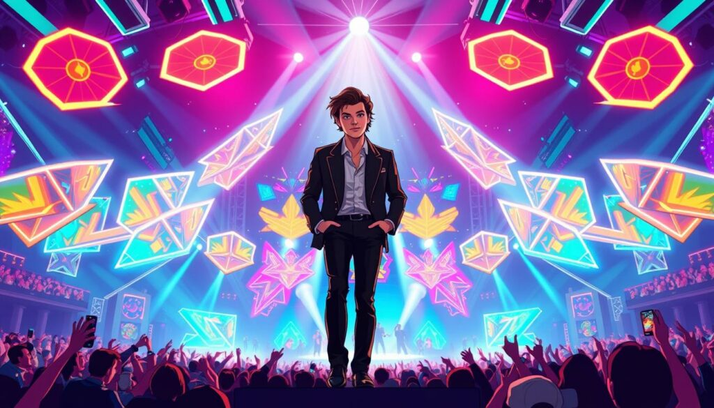 An electrifying stage set in the heart of Las Vegas, bathed in a vibrant kaleidoscope of neon lights and a captivating air of showmanship. Harry Styles, the modern-day dandy, commands the spotlight with his signature charm and magnetic presence. The stage is adorned with sleek, angular structures that seem to dance in harmony with the pulsing beat, creating a mesmerizing backdrop for Styles' captivating performance. In the foreground, the vocalist stands tall, his impeccable style and confident swagger radiating through the scene. The middle ground showcases the adoring crowd, their faces alight with excitement and anticipation, as they sway to the rhythm of Styles' signature sound. The overall atmosphere exudes a palpable sense of energy, excitement, and the thrill of a once-in-a-lifetime experience, perfectly encapsulating the essence of Harry Styles' highly anticipated Las Vegas residency.