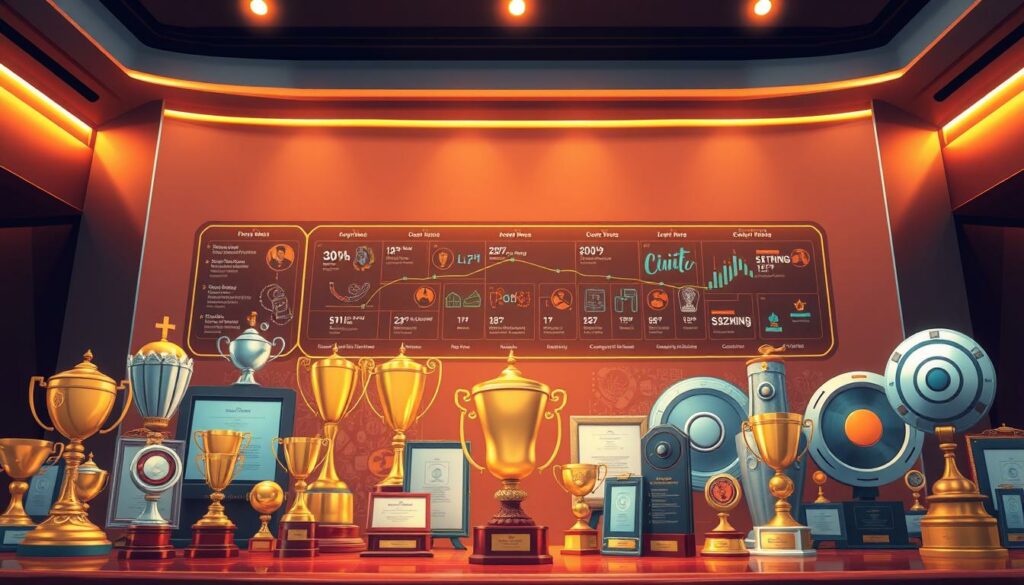 An intricately detailed image showcasing a collection of prestigious awards and prestigious records, all meticulously crafted to honor the remarkable achievements of the subject. In the foreground, a gleaming array of trophies, medals, and certificates arranged in a visually striking display, each one reflecting the subject's mastery in their respective fields. In the middle ground, a series of futuristic, high-tech displays presenting a comprehensive timeline of the subject's record-breaking accomplishments, from pioneering innovations to groundbreaking milestones. The background is a sleek, minimalist environment, accentuated by warm, dramatic lighting that casts a sense of grandeur and prestige upon the entire scene, evoking a feeling of awe and admiration.