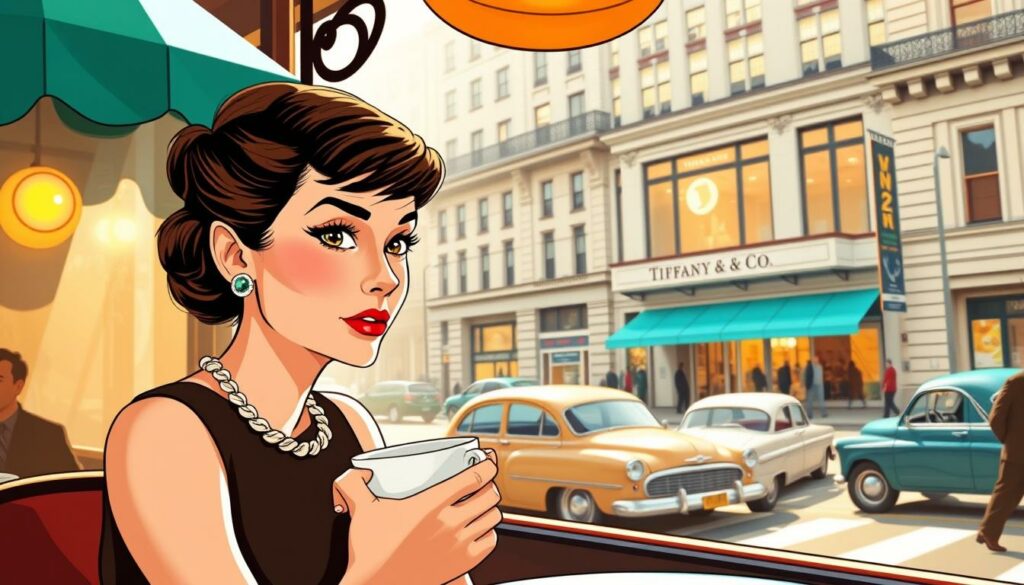 Audrey Hepburn, elegant and radiant, sipping her coffee in a sun-dappled New York cafe, the iconic Tiffany & Co. storefront gleaming in the background. A mid-century Manhattan street scene, complete with vintage cars and passersby, captures the timeless charm of the "Breakfast at Tiffany's" cinematic masterpiece. Warm, soft lighting bathes the frame, accentuating Hepburn's graceful poise and the scene's nostalgic allure. The composition is carefully balanced, drawing the viewer's eye to the actress's mesmerizing presence while subtly hinting at the film's broader cultural significance. An unforgettable image that encapsulates Hepburn's enduring legacy as a cinematic icon and style trailblazer.