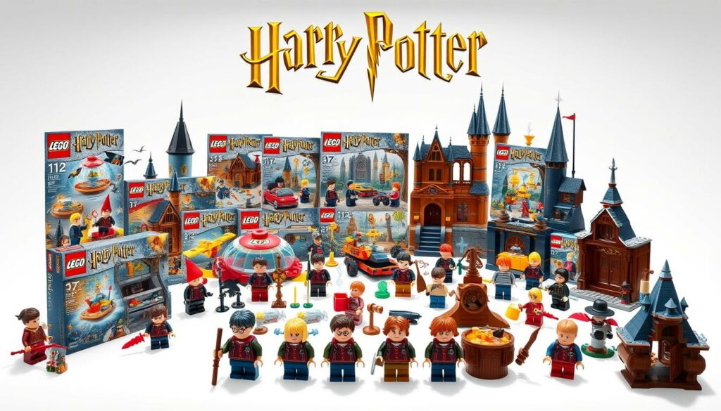 Detailed image of a variety of officially licensed LEGO Harry Potter merchandise, including a large assortment of LEGO Harry Potter building sets, minifigures, and accessories. Displayed on a clean, white background with soft, even lighting from multiple angles to showcase the products in a bright, vibrant, and high-quality manner. The arrangement of the items should create a visually appealing and cohesive composition, highlighting the diverse range of LEGO Harry Potter products available for fans and collectors. Capture the whimsical and magical essence of the Harry Potter franchise through the design and presentation of the LEGO merchandise.